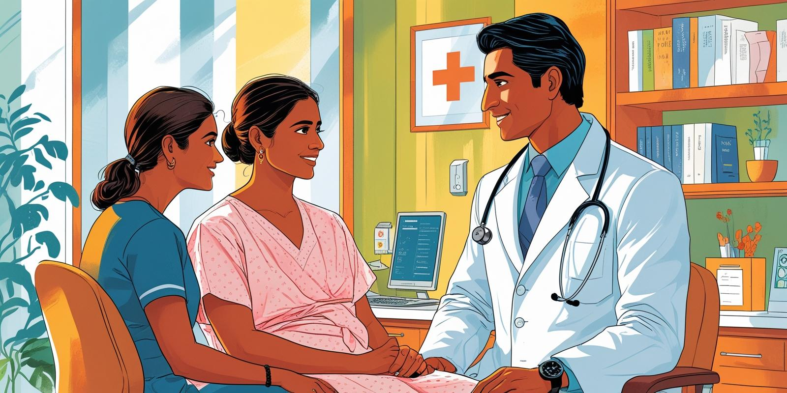 Doctor (Asia Indian ) talking to patient(in the patient gown  ) and his attendant (normal clothes)